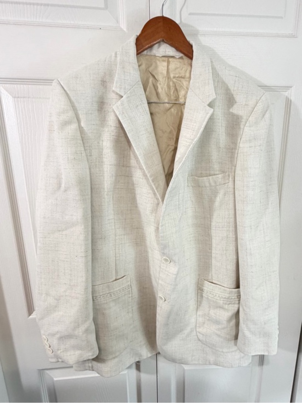 Johnny Carson Vintage Mens Sport Coat Ivory Textured Blazer Approx 42 44 Linen